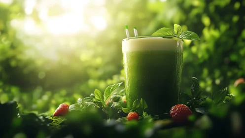 Green smoothie glass in lush sunlit garden setting.