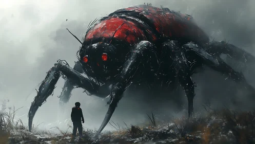 Fog-wreathed colossus spider meets a lone red-hooded wanderer.