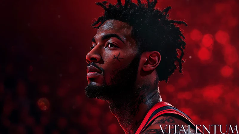 Basketball player profile glows against vivid red arena lights.