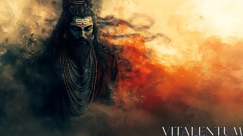 Mystic blue ascetic emerging through swirling firestorm clouds.