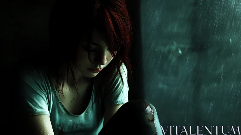 Solitary young woman sits in the rain, lost in quiet sorrow
