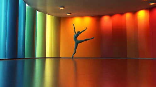 Silhouetted dancer leaping across chromatic curved studio wall.