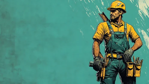 Construction worker illustration in teal negative space layout