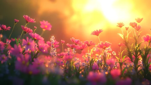 Backlit pink wildflowers form a radiant, shallow-focus sunrise tableau
