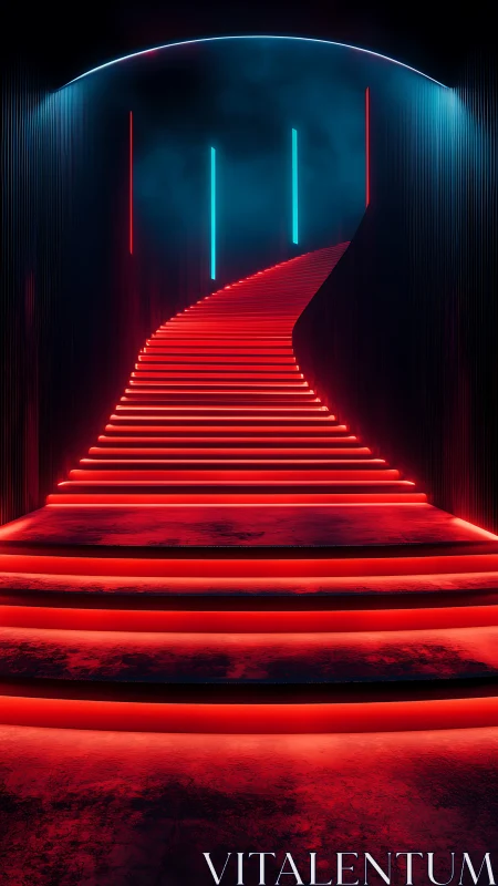 Curved neon stairway with red LED treads in dark tunnel
