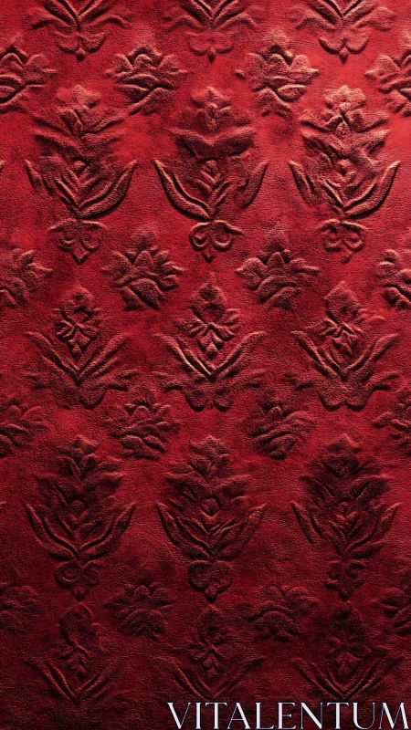 Embossed red velvet damask texture with floral relief pattern
