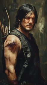 Wounded archer warrior stands under harsh directional light