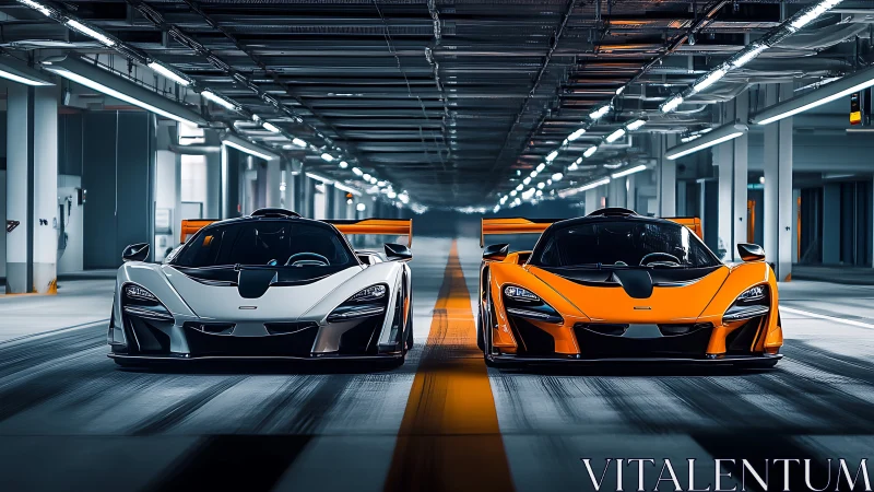Dual hypercars in symmetrical underground parking tunnel.