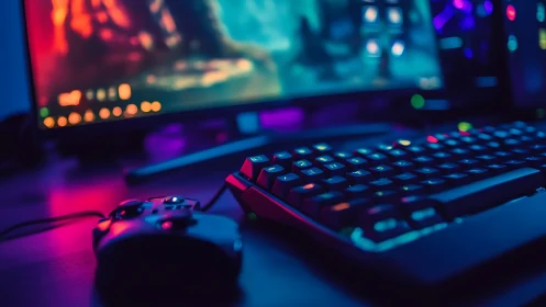 RGB-lit gaming desk glows around keyboard, mouse and monitor