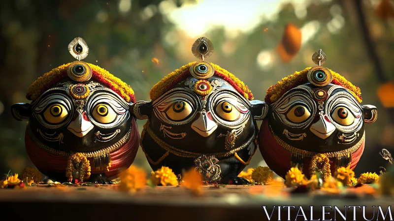 Ornate Jagannath-inspired idols in warm floral bokeh glow.