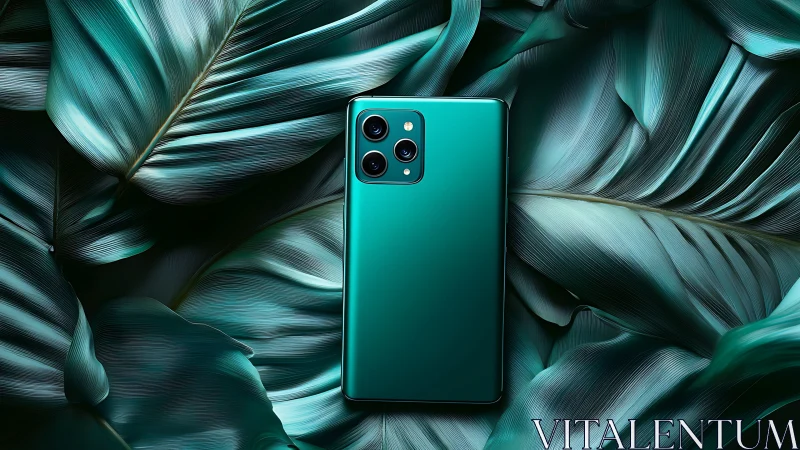 Teal smartphone with triple-lens camera module positioned centrally against stylized tropical foliag