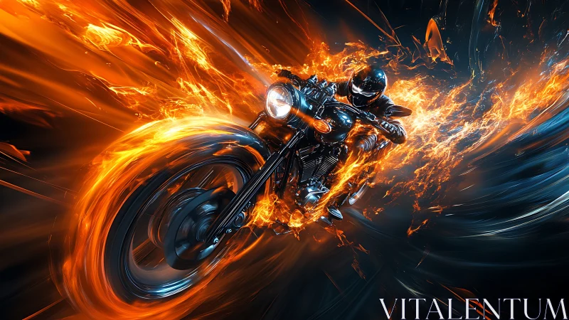 Motorcycle and rider move through stylized flames in motion