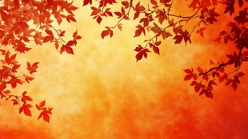 Autumn ember canopy framing a glowing golden sky window.