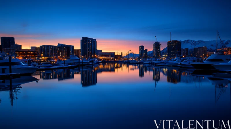 Twilight harbor skyline mirrored in deep blue waters.