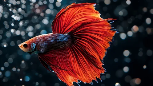 Vibrant betta fish with flowing red fins in bokeh water.