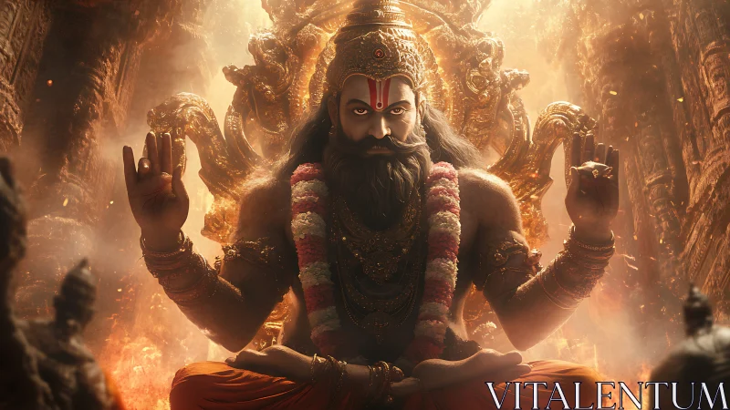 Divine bearded deity meditates amid glowing temple fire