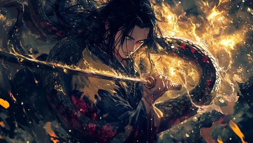 Bladebound sorcerer duels a coiling fire serpent in chaos.