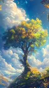 Solitary hillside tree rendered with high dynamic range lighting