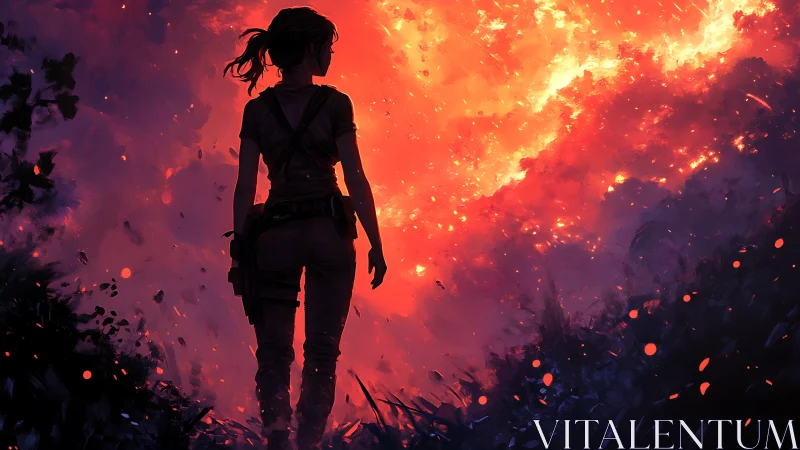 Silhouetted Figure Stands Amid Explosive Fire and Chaos