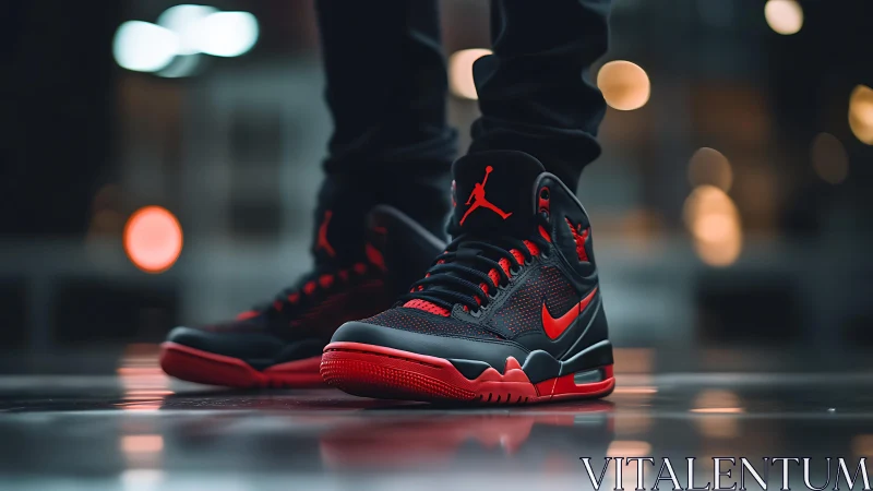 High contrast black red basketball sneakers on wet city floor.