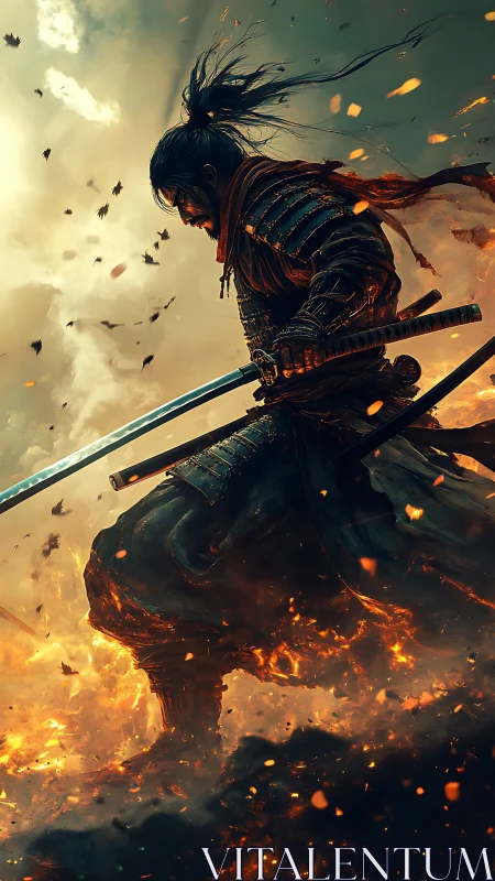 Armored samurai strides through embers in dynamic chiaroscuro
