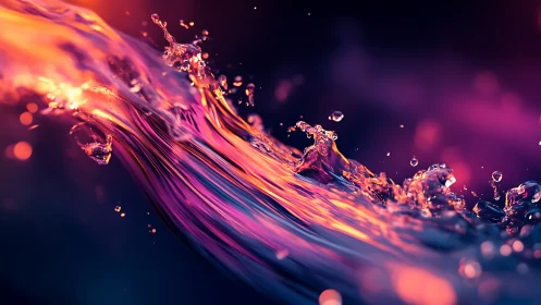 Molten neon water arc curves across dark blurred background