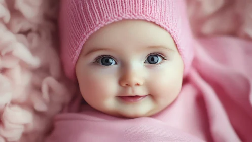 Infant in pink knit beanie against soft textured background