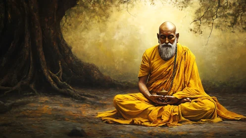 Serene elder monk in golden robes meditating beneath tree.