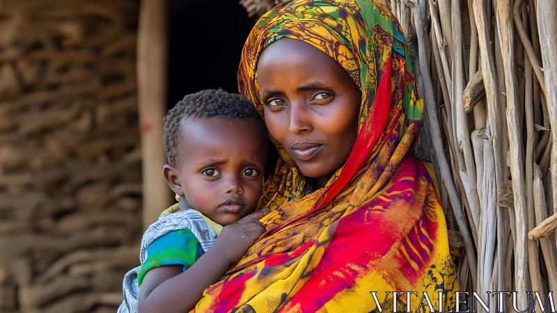 Mother and Child Portrait in Colorful Traditional Attire, Natural Light.