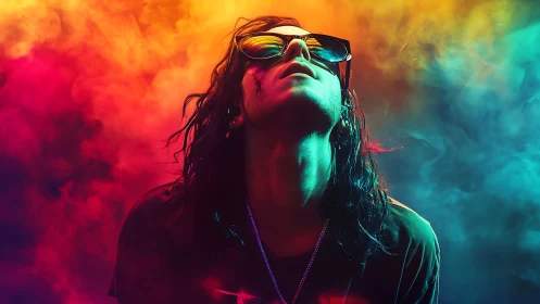 Person with sunglasses stands in multicolored atmospheric haze