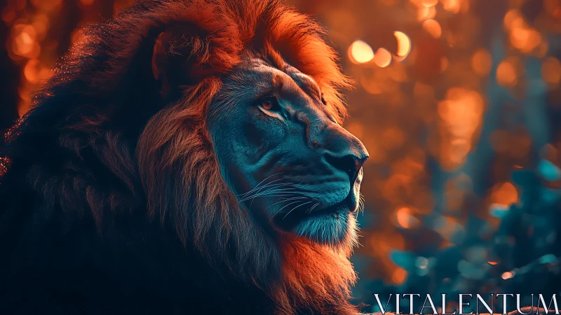 Cinematic digital painting of lion profile in bicolor light.