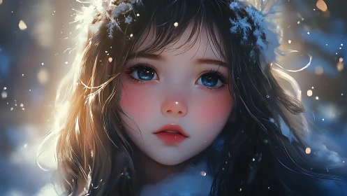 Snowlit girl with starlit eyes in a hush of winter magic.