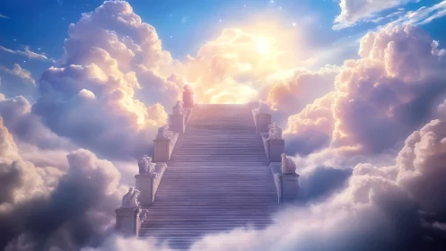 Celestial marble staircase ascending through radiant clouds.
