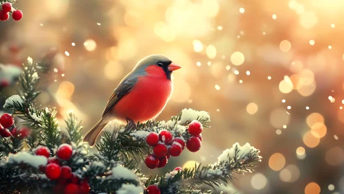 Red bird on snowy evergreen branch with berries in winter.