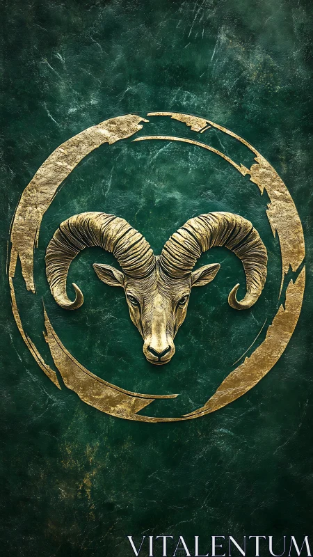 Radiant golden ram crest against deep emerald stone backdrop.