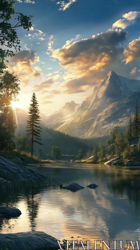 Alpine river valley at golden hour with sunlit snow peaks