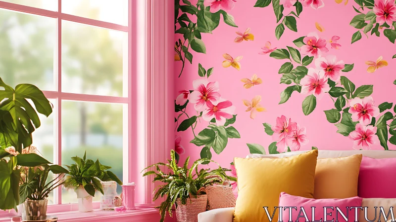 Bloom-drenched pink wall with sunny pillows and window glow.