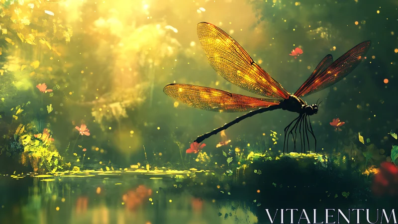 Dragonfly resting by luminous pond in soft forest light.