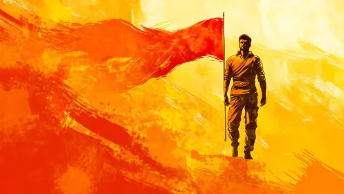 Lone figure strides forward carrying bold red flag