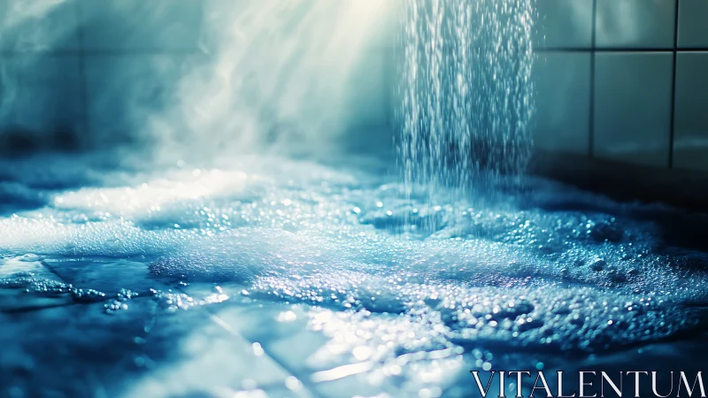 Hot water cascades into blue tiled bath with rising steam