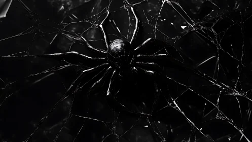 Metallic cyber spider broods at the center of shadowed web