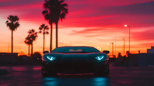 Supercar glows against neon sunset over palm-lined street.