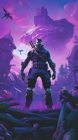 Armored warrior under floating fortress in neon wasteland.