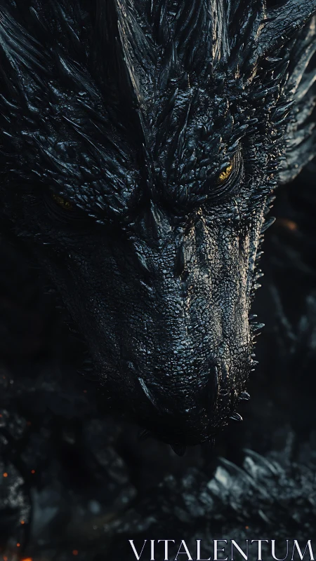 Midnight dragon sentinel glaring through ember fog.