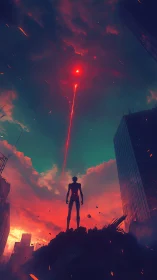 Lone neon sentinel under a crimson fracture in the sky.