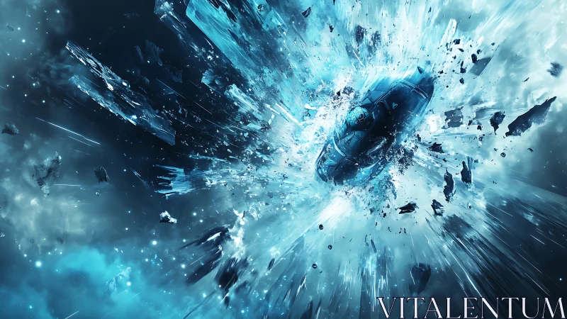 Spacecraft impact with radial blue debris in deep space.