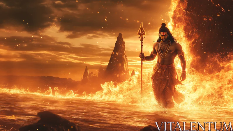 Fiery river guardian strides through molten sunset waves.