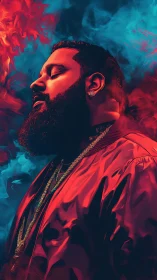 Chromatic vapor portrait with high-contrast volumetric lighting.