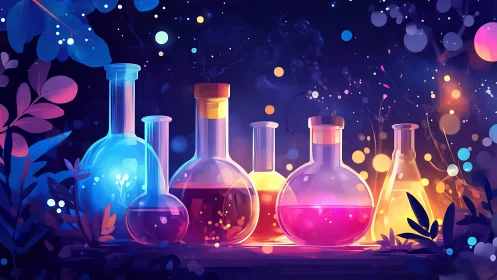 Luminous potion glassware in neon botanical nightscape.