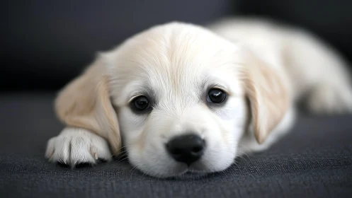 Golden retriever puppy resting on dark fabric surface.